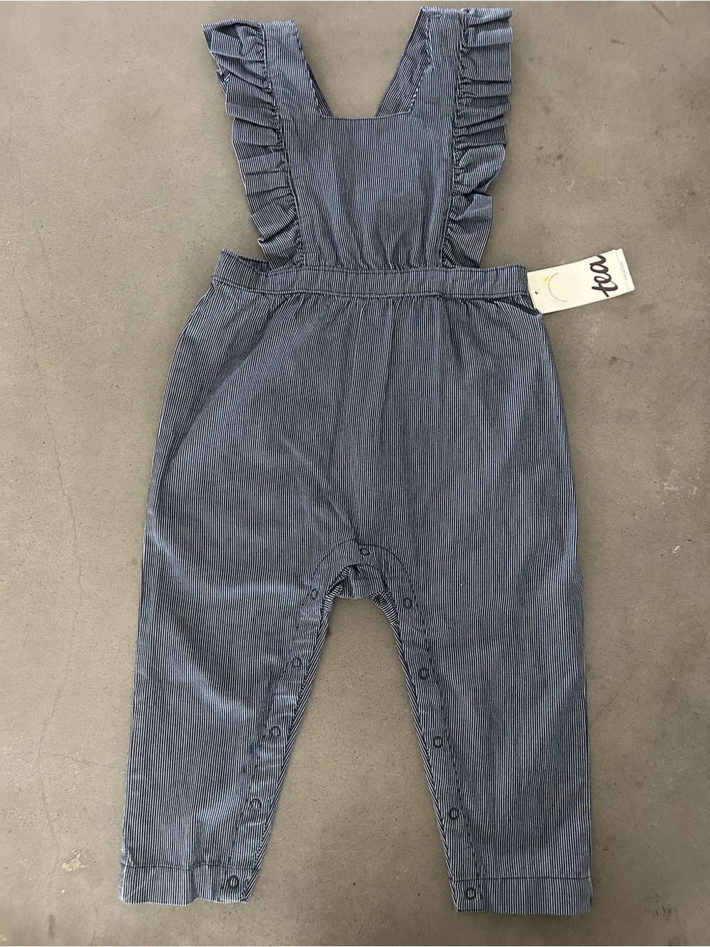 Tea Collection Blue Striped Ruffle-Shoulder Overalls Railroad stripes